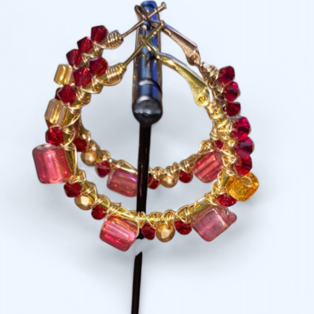 Gold and Red Wired Wrapped Hoop Earrings